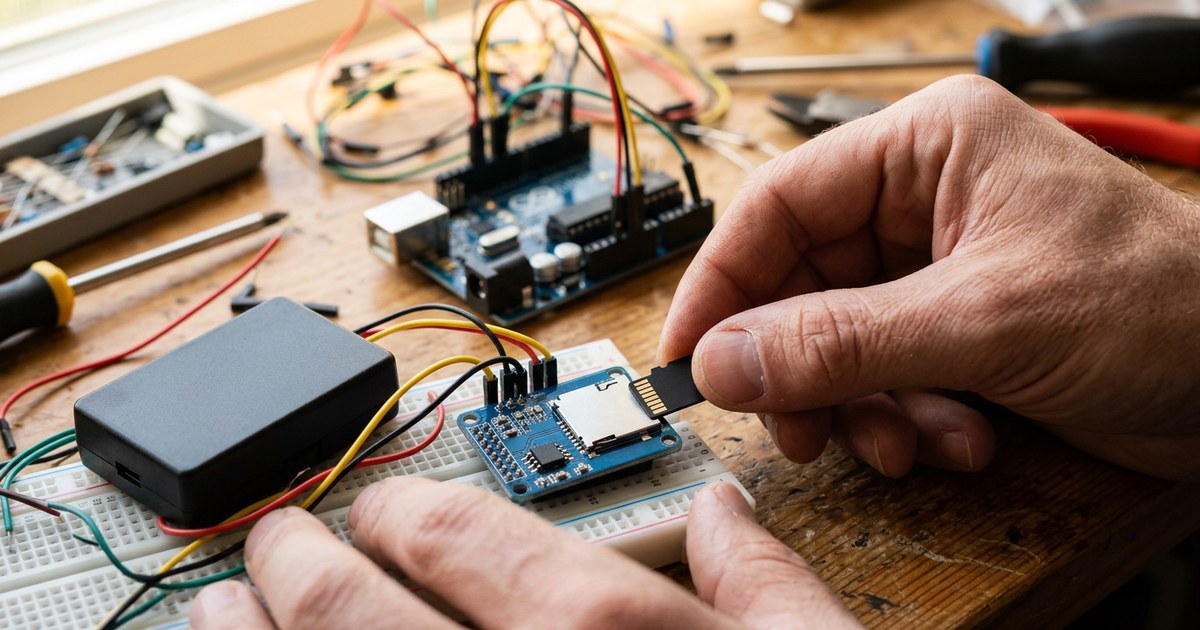 Модуль microSD-карты для Arduino: карта памяти вставляется в слот модуля на макетной плате